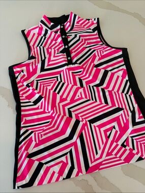 Tail Hot Pink Black & White Geometric Sleeveless Polo Tank